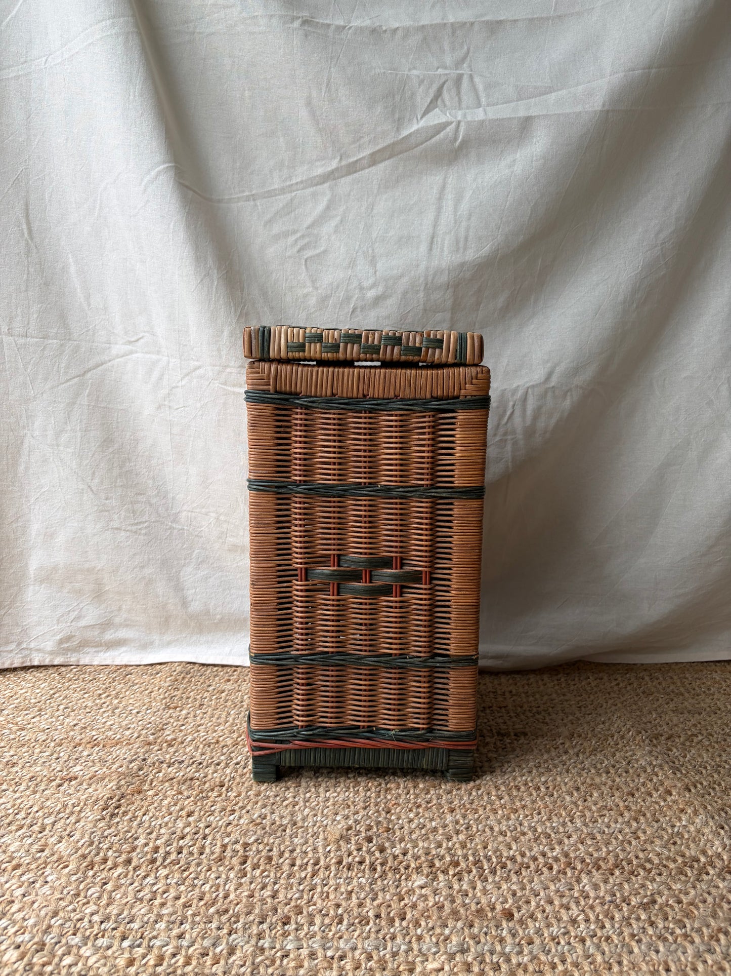 Vintage woven wicker vertical storage box with green pattern