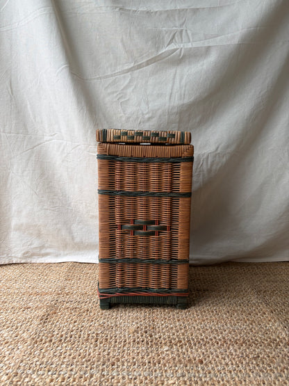 Vintage woven wicker vertical storage box with green pattern