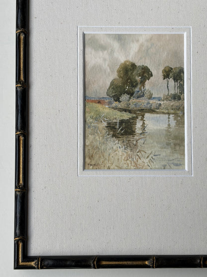 Framed river watercolour landscape