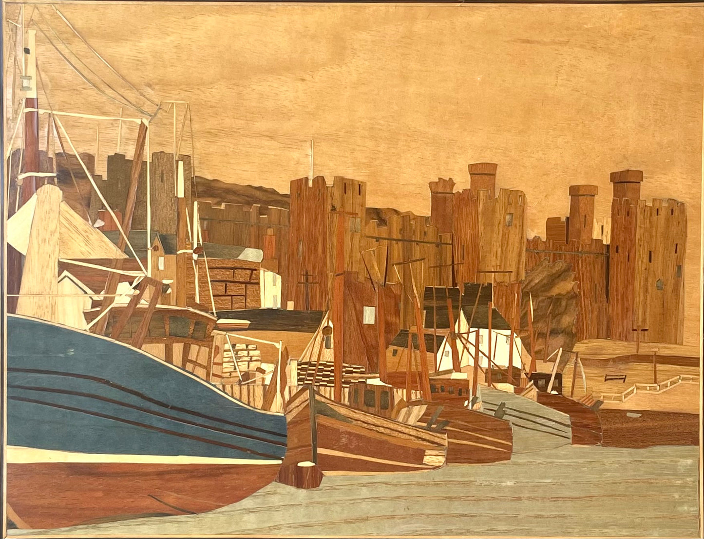 Mid 20th century inlaid wooden framed art of harbour