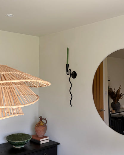 Pair of vintage wrought iron black squiggle candle wall sconces