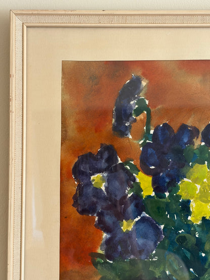 Vintage original framed gouache painting of blue and yellow flowers