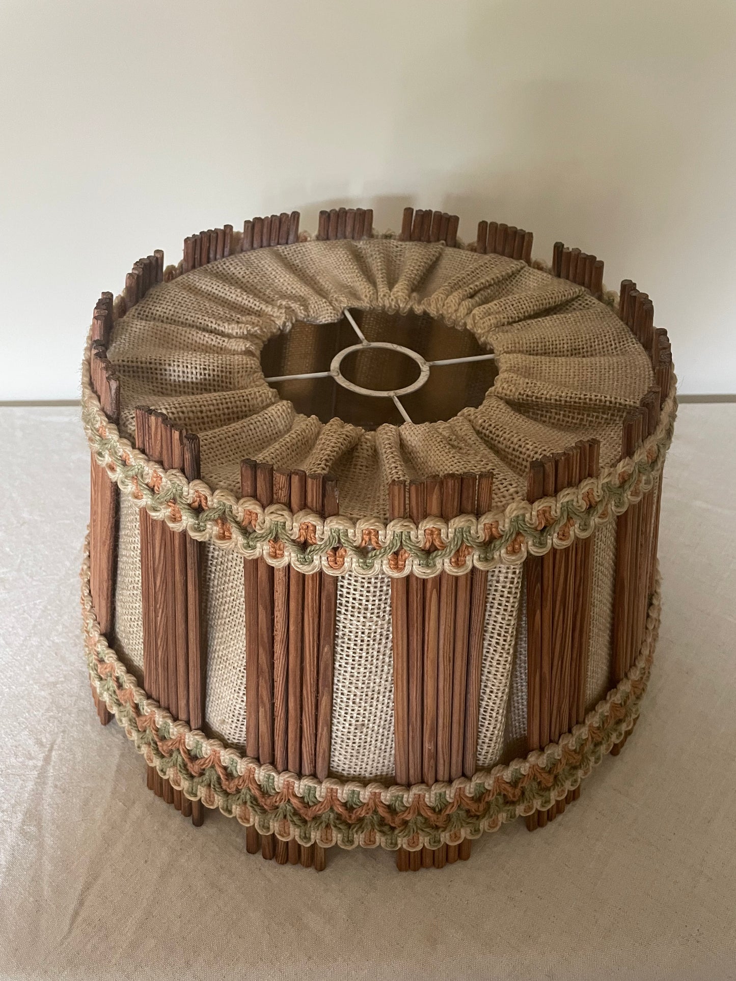 Wooden round lampshade with embroidery detail