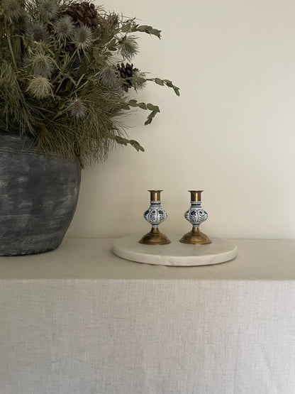 Vintage brass and ceramic small candlestick holder with blue hand painted flowers