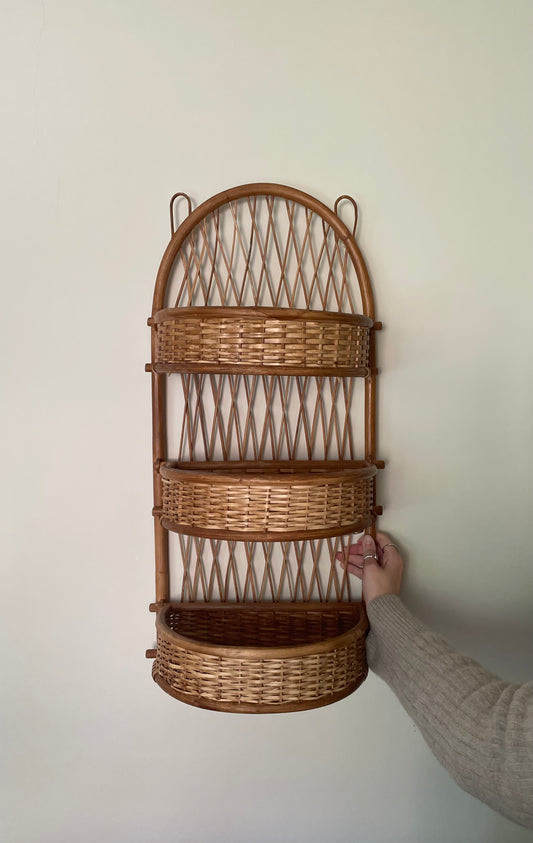 Three tiered vintage bamboo and rattan wall hung shelf