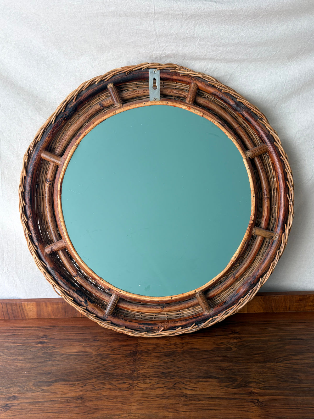 Vintage round wicker mirror