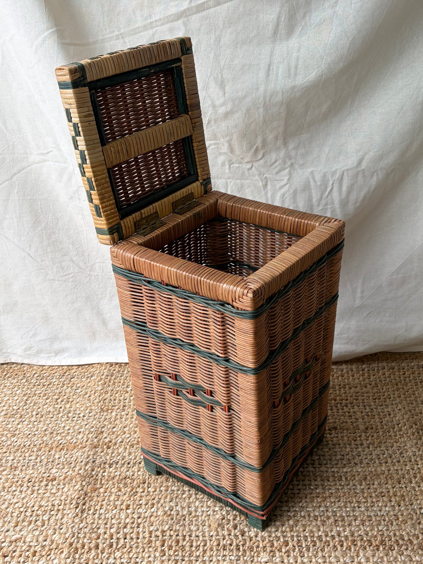 Vintage woven wicker vertical storage box with green pattern