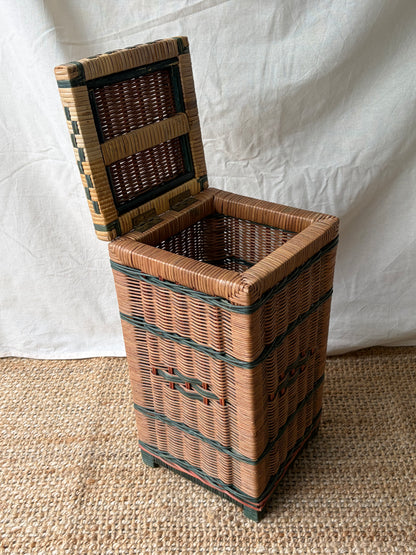 Vintage woven wicker vertical storage box with green pattern