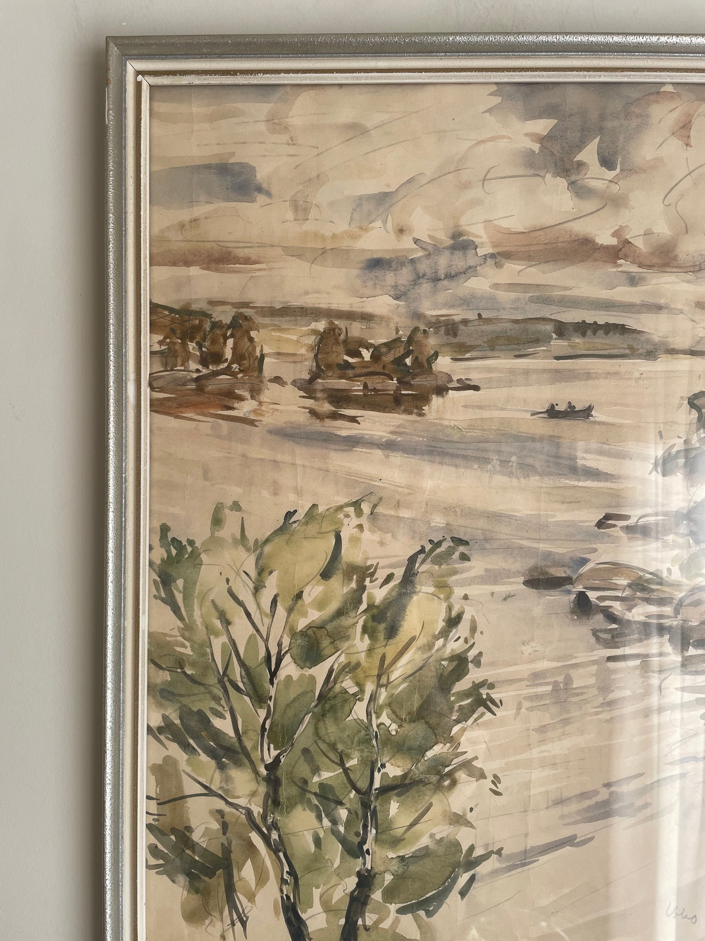 Vintage framed vertical watercolour of lake