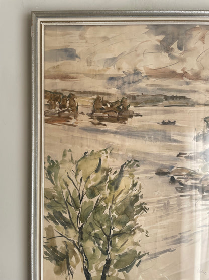 Vintage framed vertical watercolour of lake
