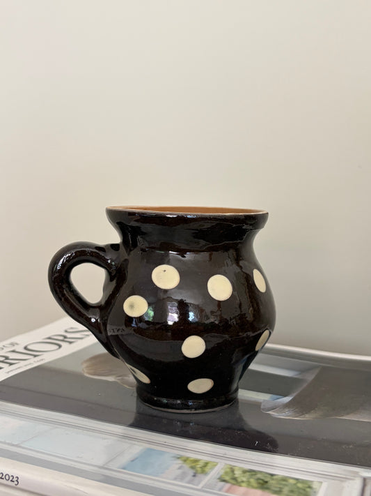 Romanian brown small jugs with cream dots — set of four