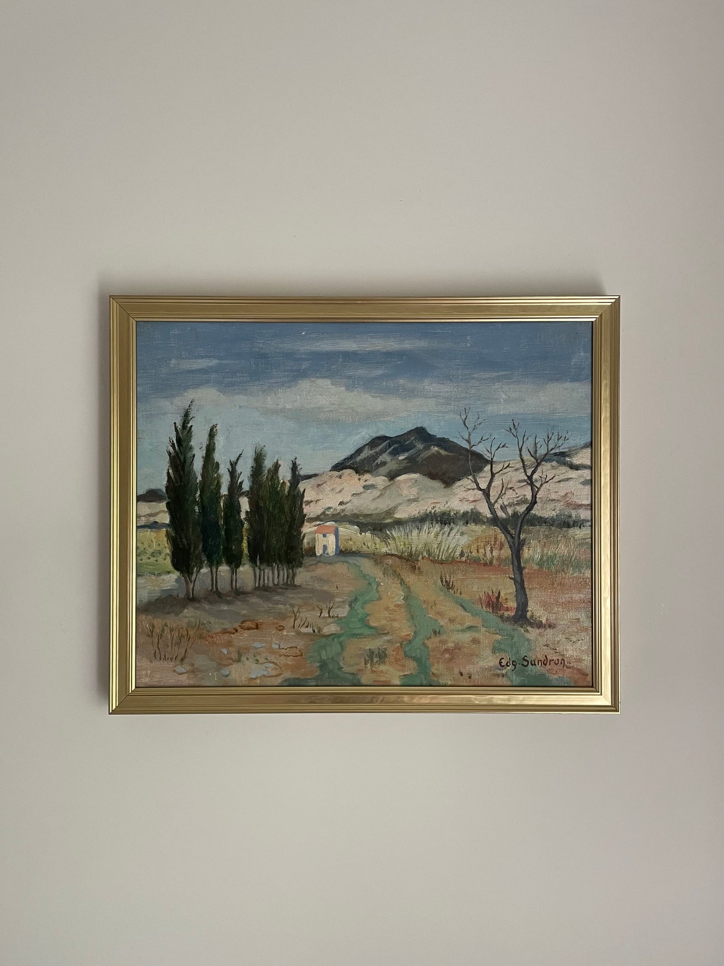 Vintage framed French countryside oil painting