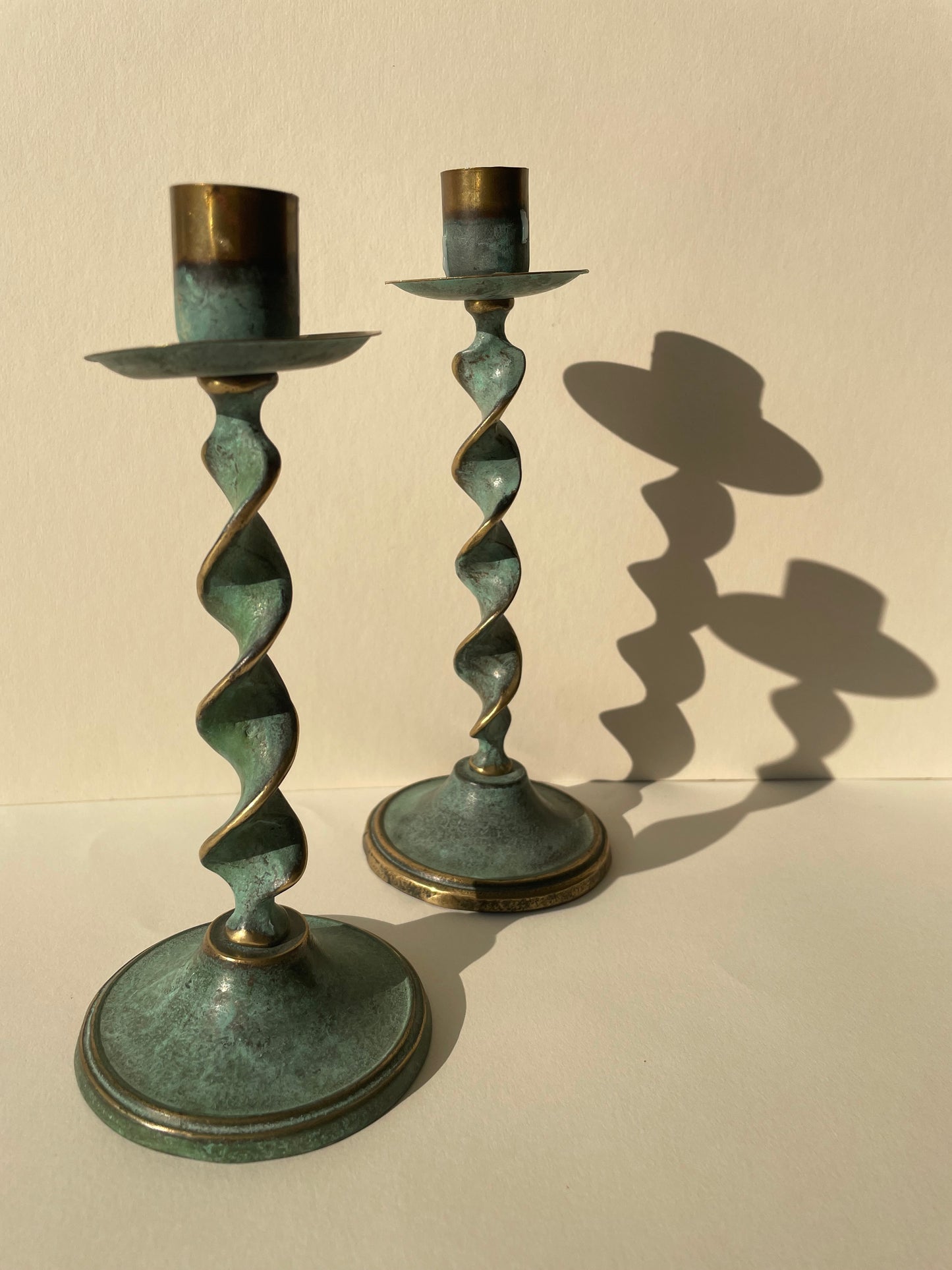 Barley twist verdigris brass taper candle stick holders