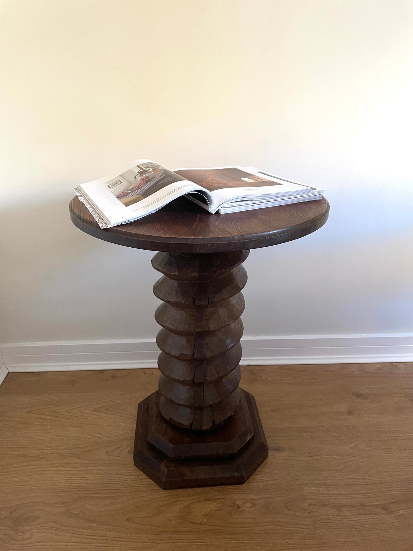 Antique French solid oak spiral pedestal side table