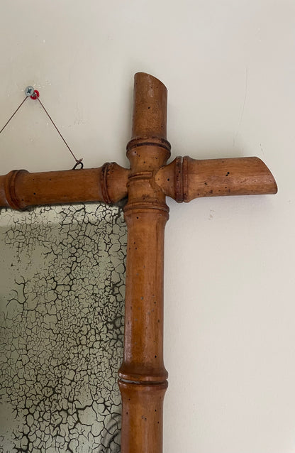 Vintage small wooden bamboo mirror with foxing