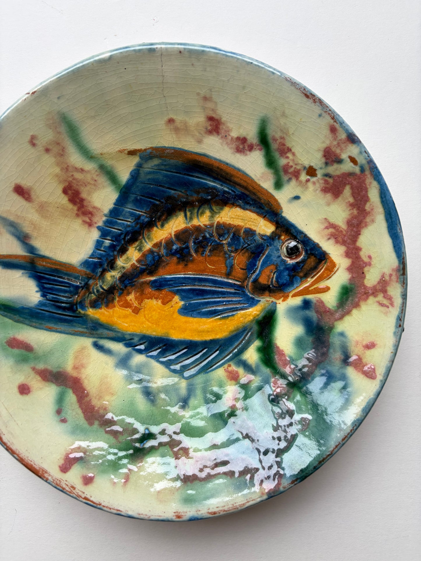 Vintage Spanish small blue and yellow fish plate by Salamo La Bisbul
