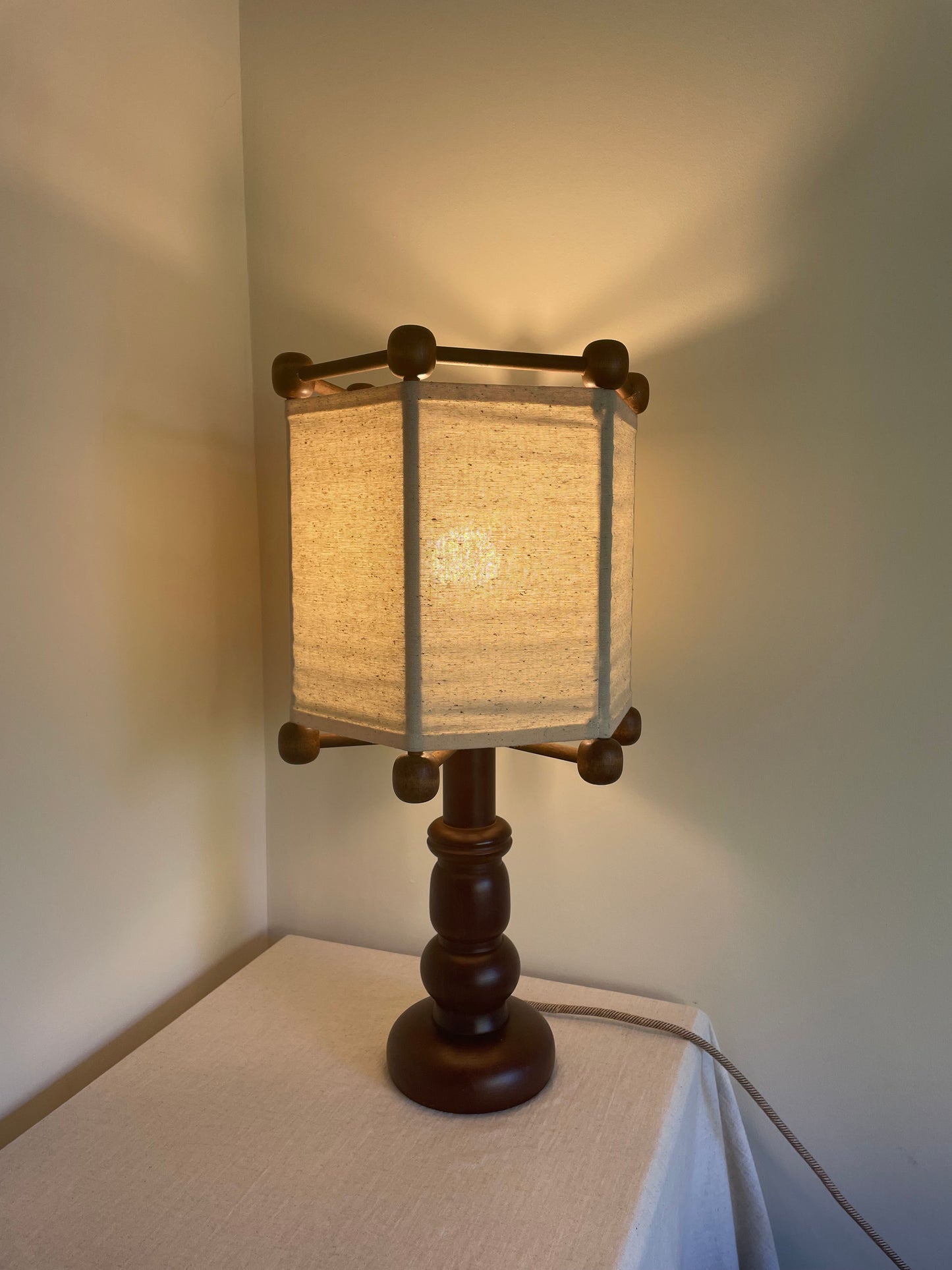 Vintage Swedish sculptural turned wood lamp with linen shade