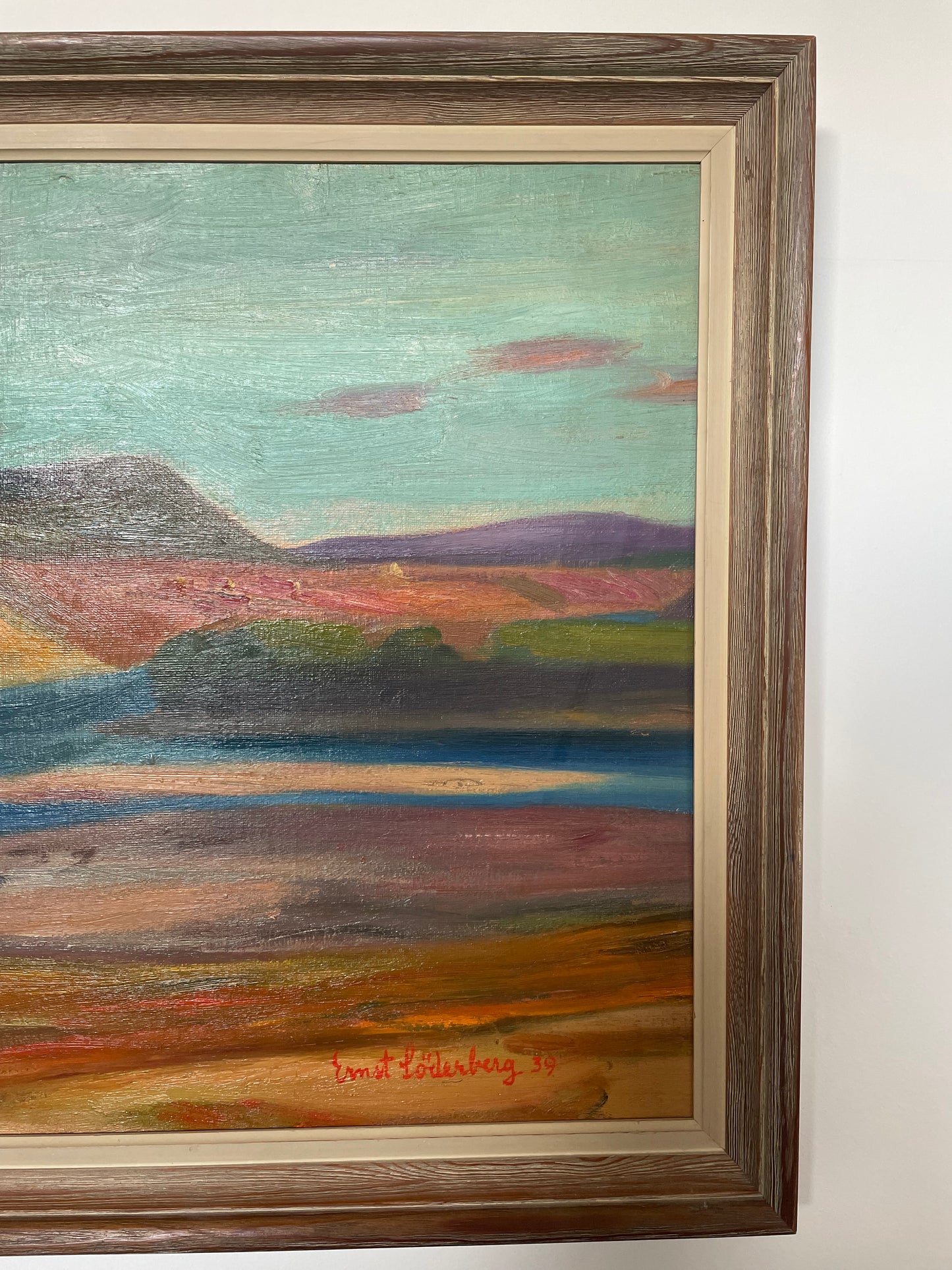 Original oil painting of colourful cliffs and river