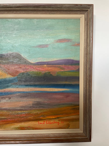 Original oil painting of colourful cliffs and river