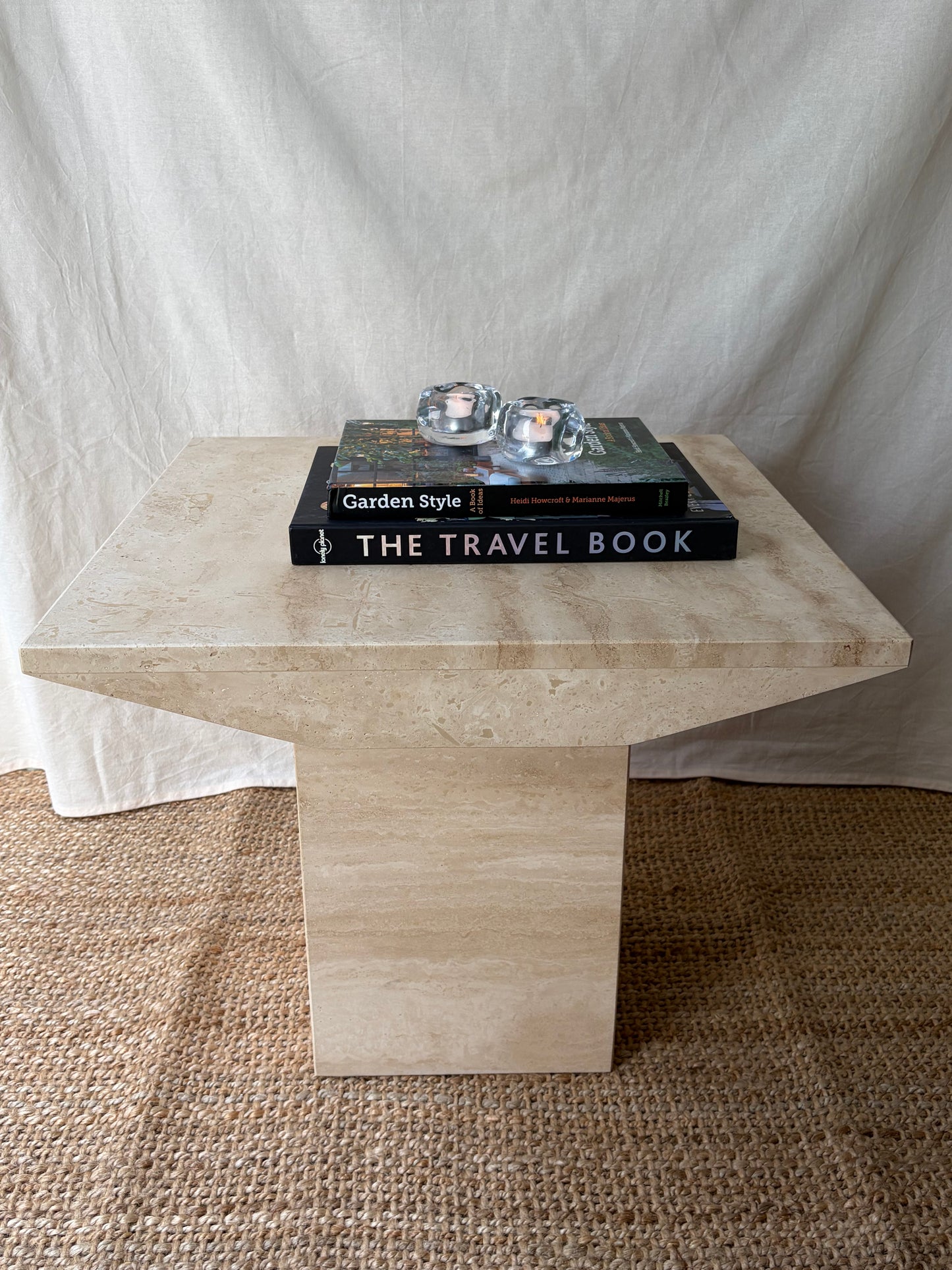 Vintage travertine stone beige side table