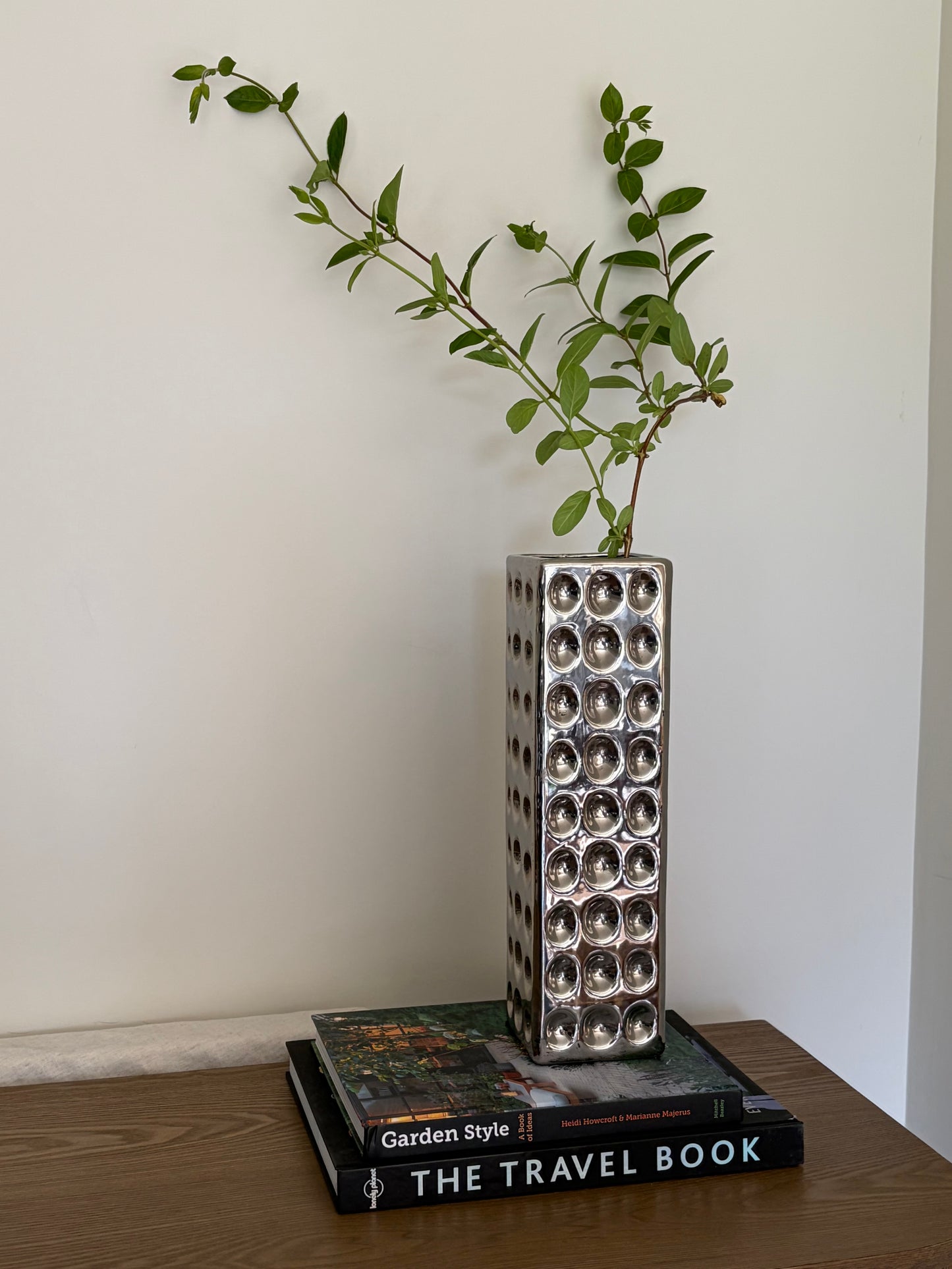 Vintage chrome rectangle vase with circle indents
