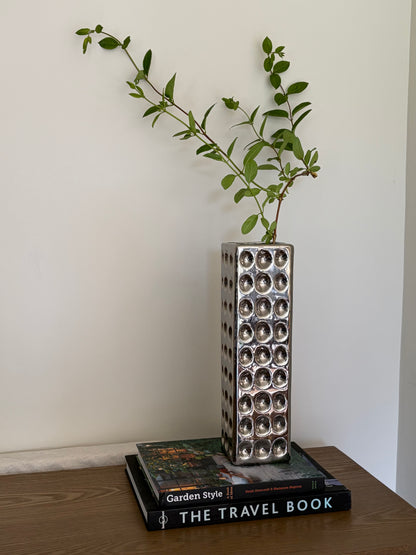 Vintage chrome rectangle vase with circle indents