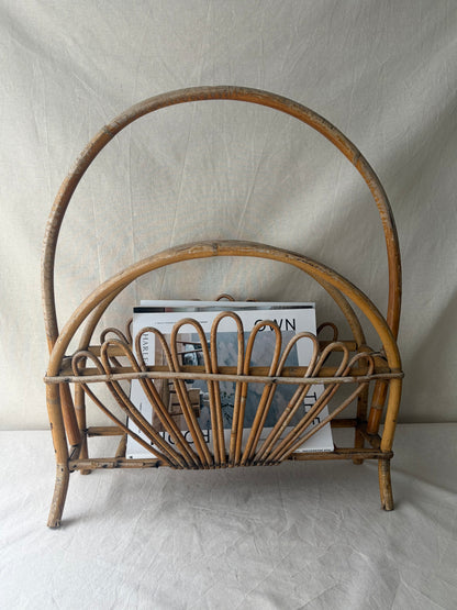 Vintage sunburst 1960’s bamboo and rattan magazine rack, Franco Albini style