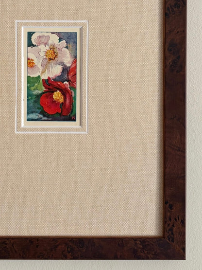 Antique begonia light pink and red flower print in teak frame