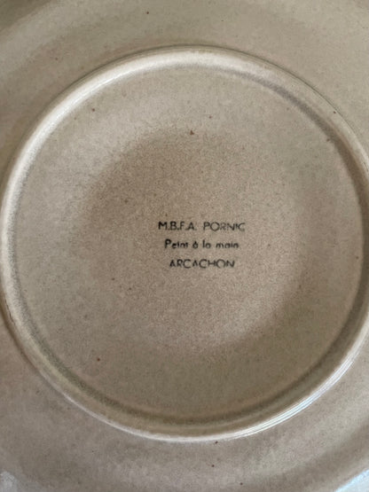 French vintage oyster plates with blue and orange details