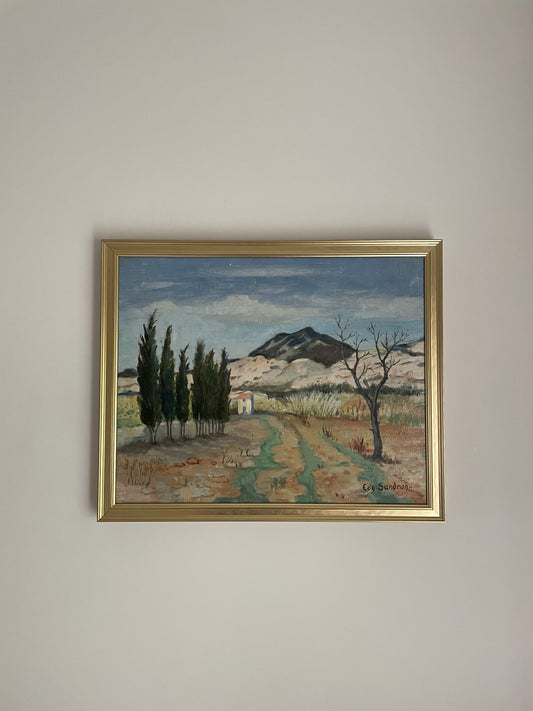 Vintage framed French countryside oil painting
