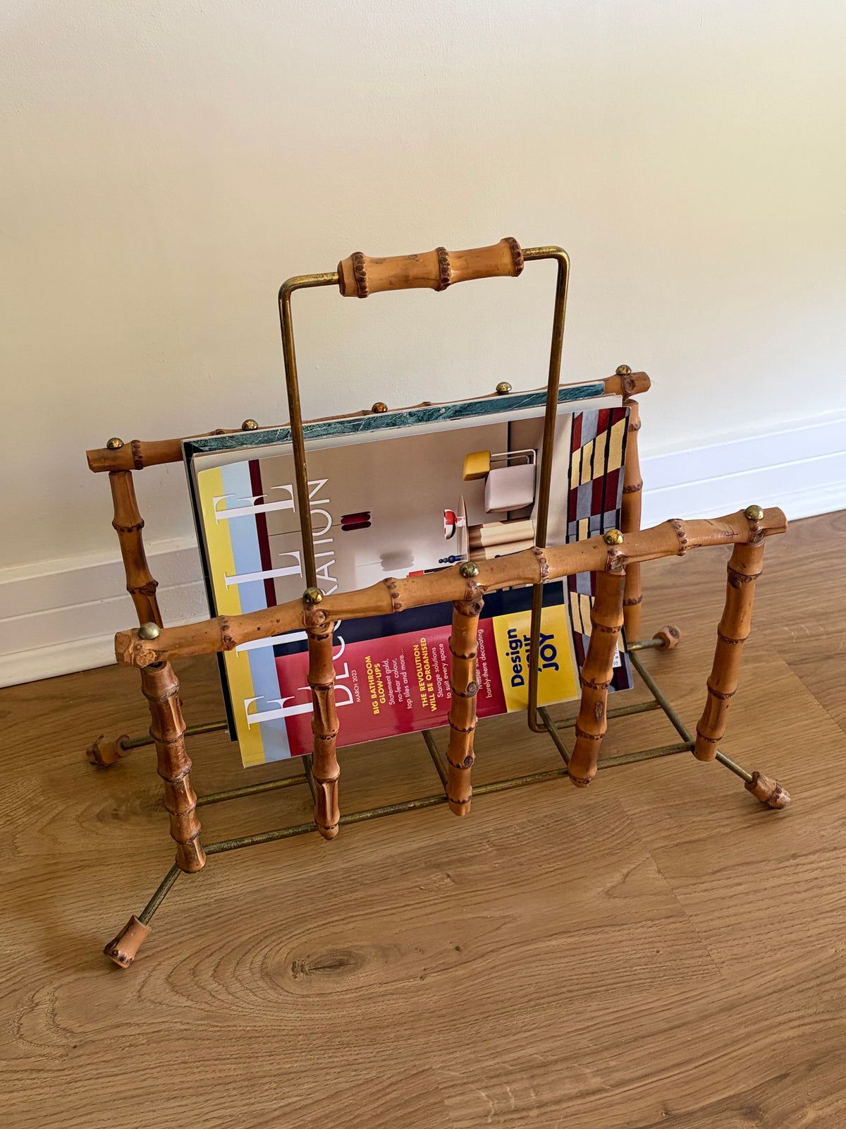 Vintage faux bamboo and metal magazine holder