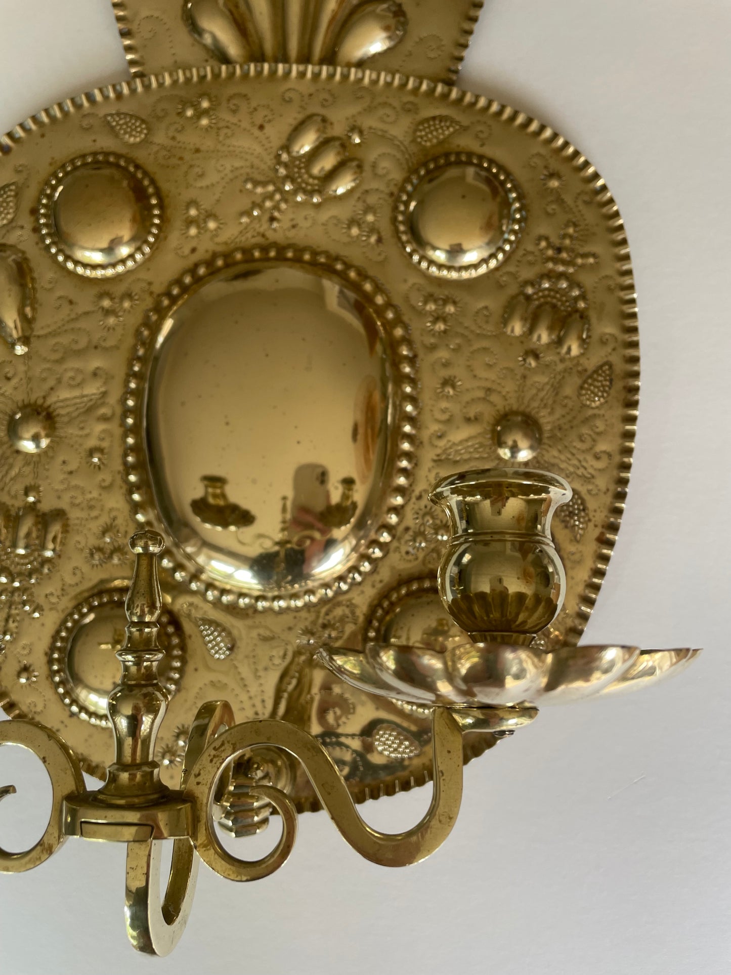 Pair of vintage embossed Swedish brass double wall sconces