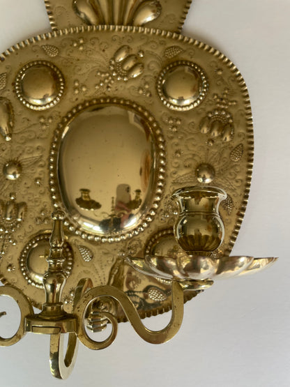 Pair of vintage embossed Swedish brass double wall sconces