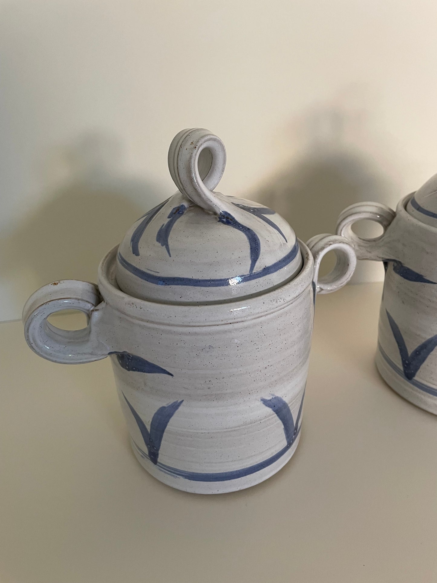 Pair of ceramic handmade canisters in blue and white