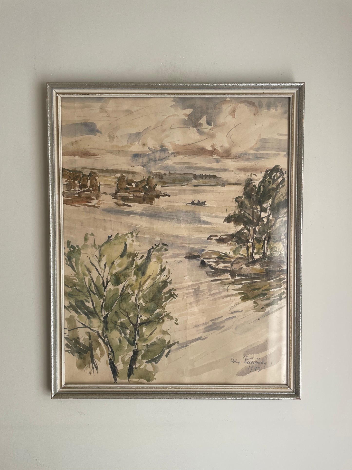 Vintage framed vertical watercolour of lake