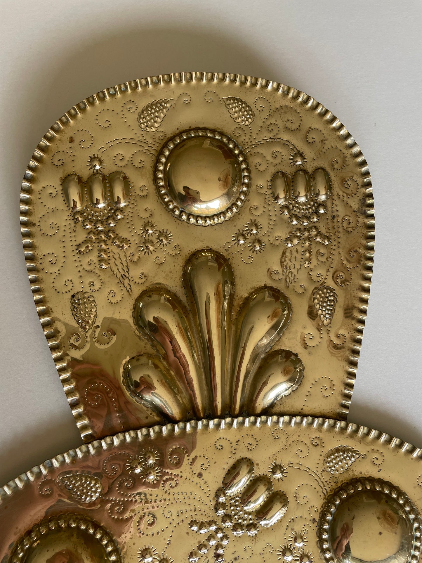 Pair of vintage embossed Swedish brass double wall sconces