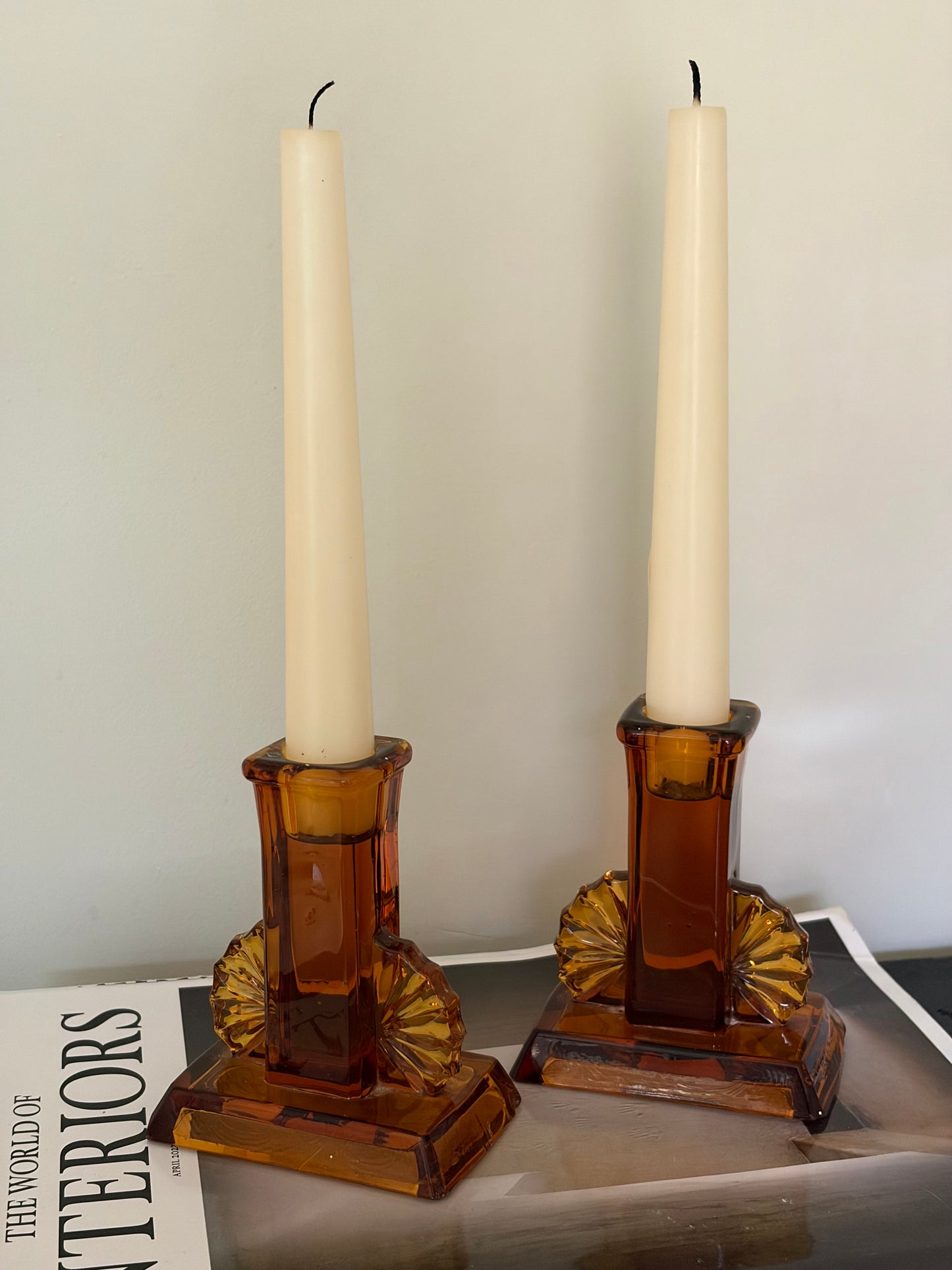 Pair of vintage amber art deco candlestick holders