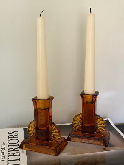 Pair of vintage amber art deco candlestick holders