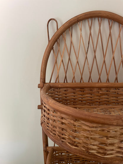 Three tiered vintage bamboo and rattan wall hung shelf