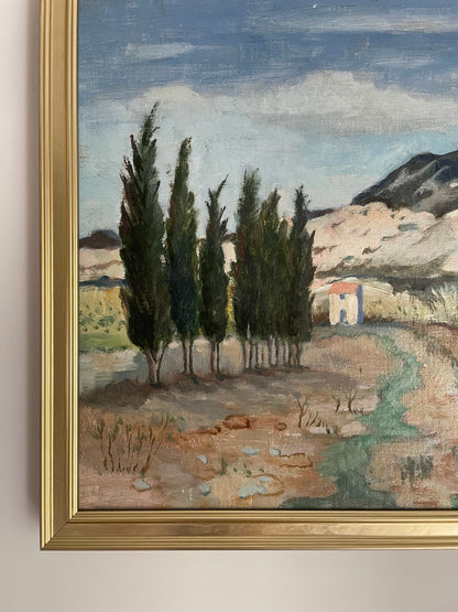Vintage framed French countryside oil painting