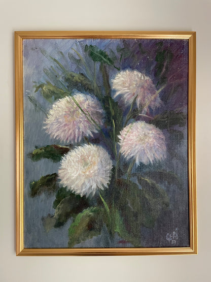 White Chrysanthemums with blue and purple background