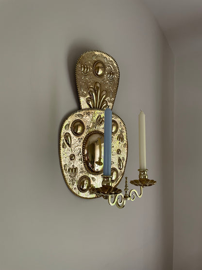 Pair of vintage embossed Swedish brass double wall sconces