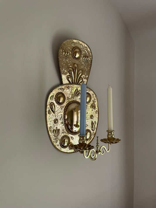 Pair of vintage embossed Swedish brass double wall sconces