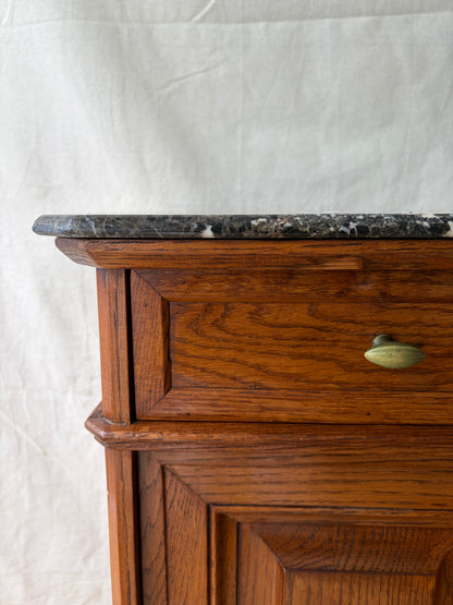 Antique French cupboard side table with dark marble top