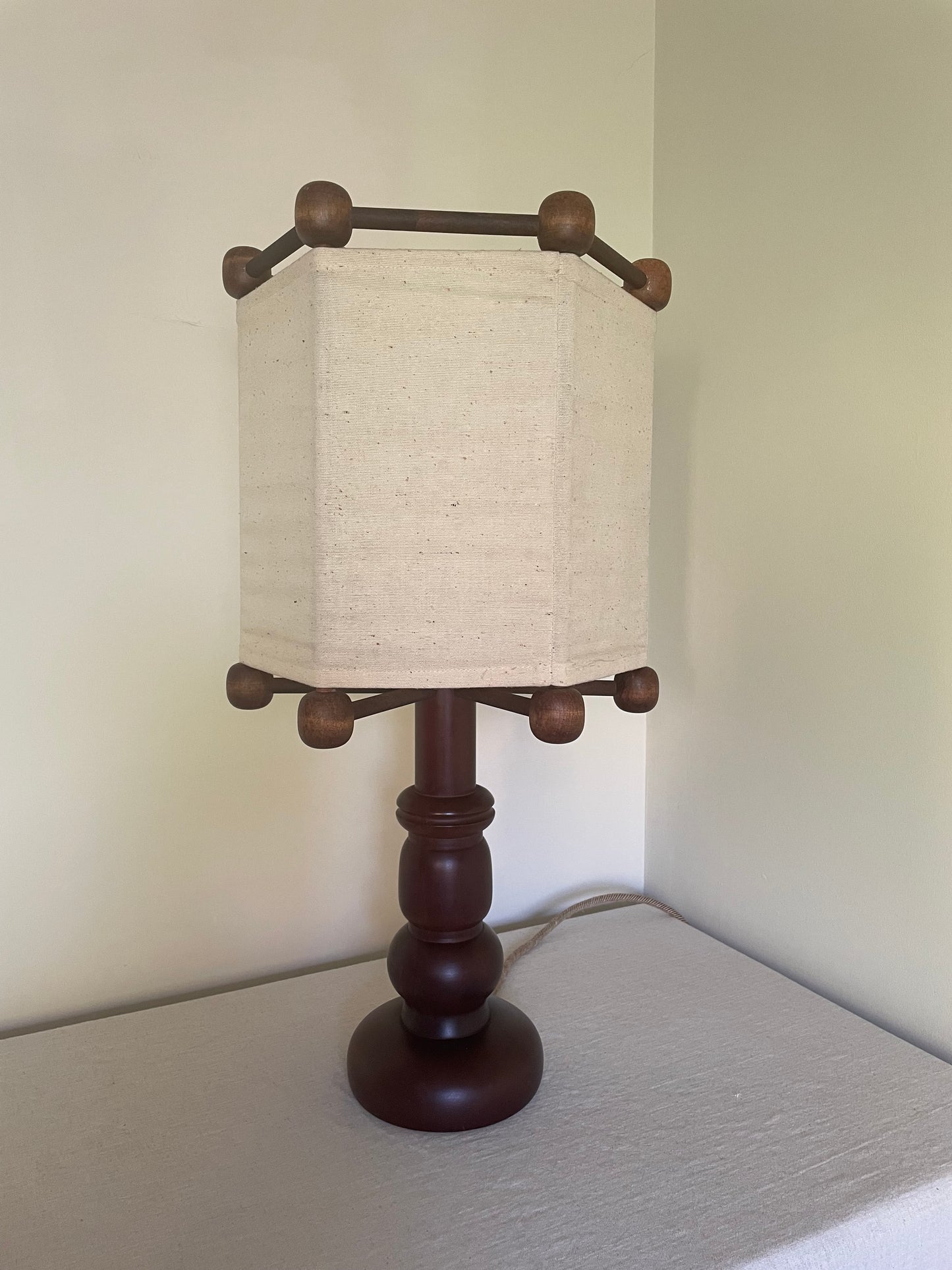 Vintage Swedish sculptural turned wood lamp with linen shade