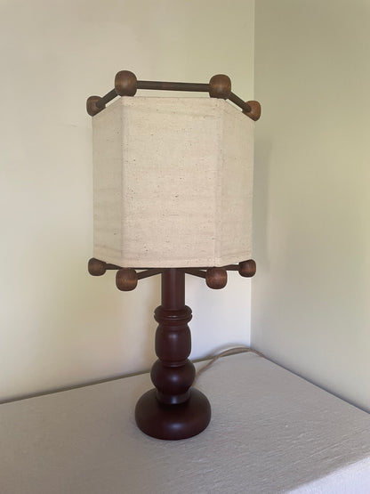 Vintage Swedish sculptural turned wood lamp with linen shade