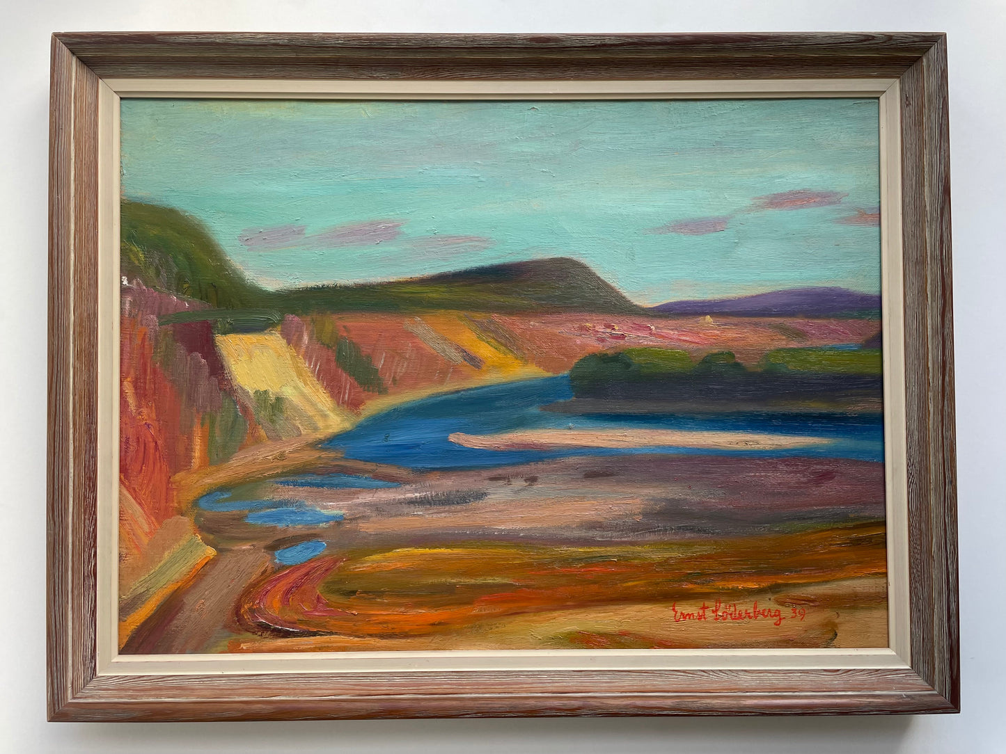 Original oil painting of colourful cliffs and river