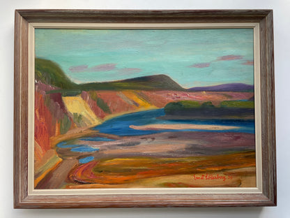 Original oil painting of colourful cliffs and river