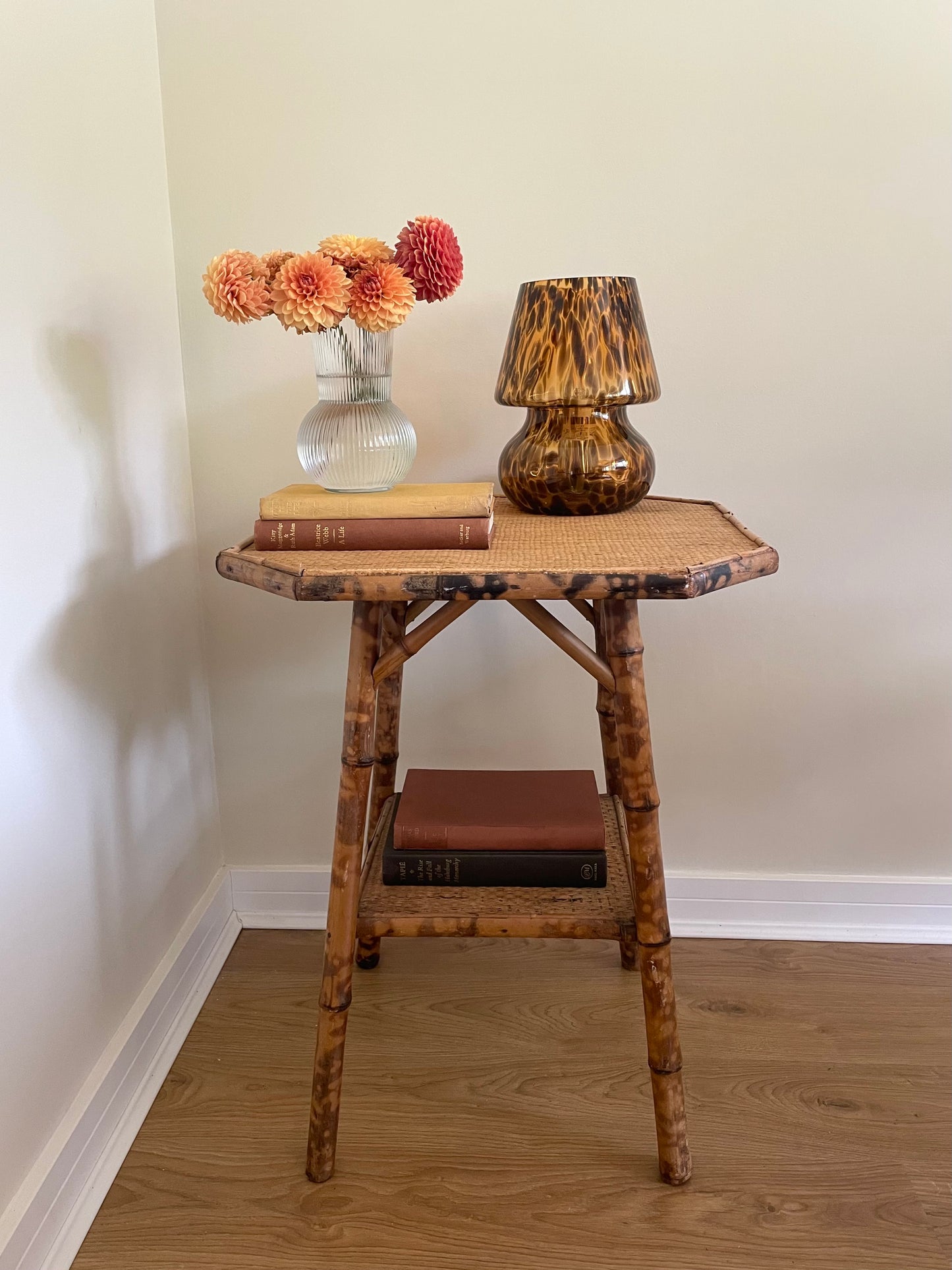 Antique bamboo and cane tortoise shell tiered side table