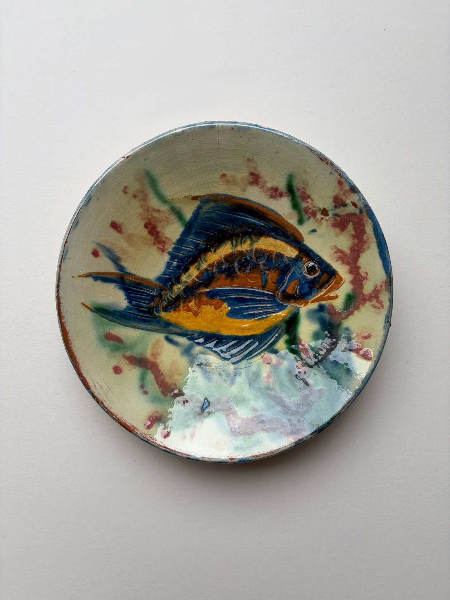 Vintage Spanish small blue and yellow fish plate by Salamo La Bisbul